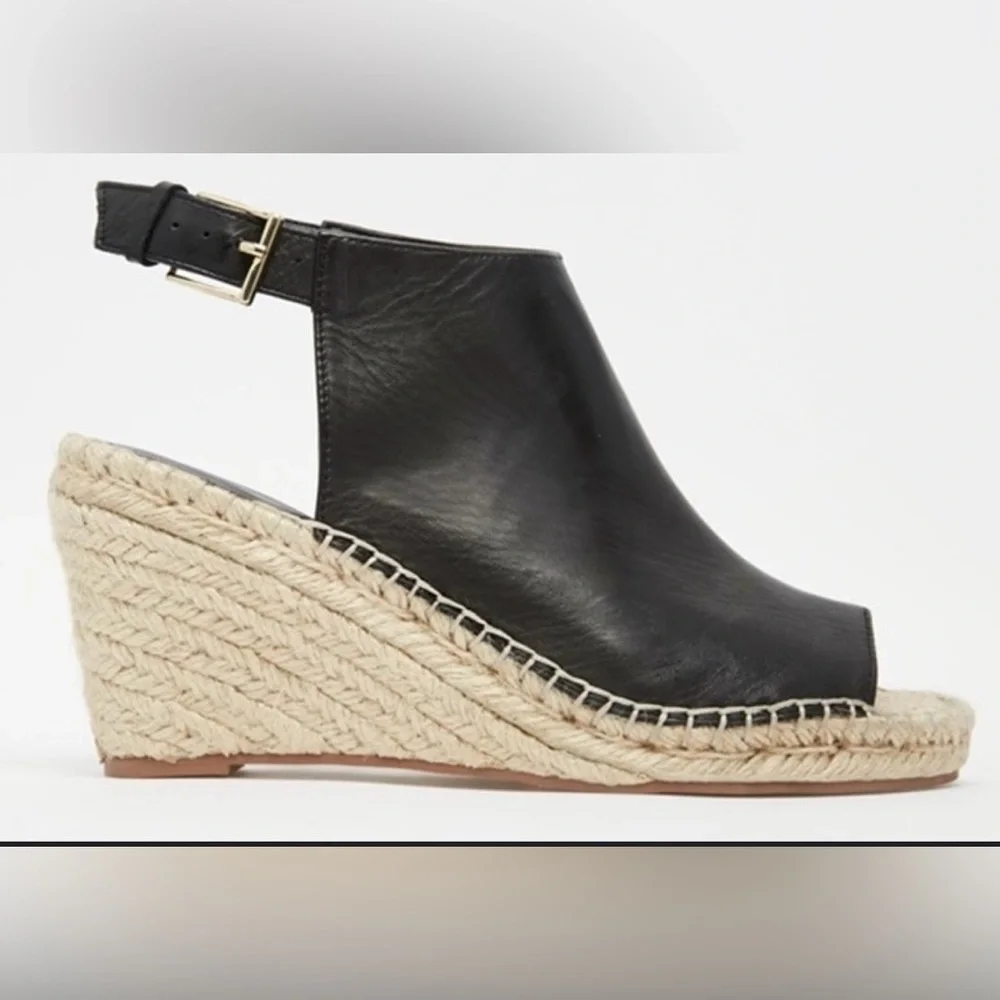 KG Kurt Geiger Nelly Black Leather Espadrille Wedge Sandals Size EU 41